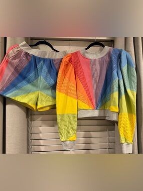 QUEEN OF SPARKLES NWT Multicolor Rainbow Sequin Set Small Top / Medium Shorts